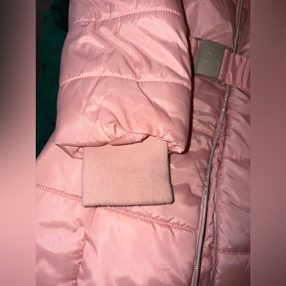 Calvin Klein faux fur hooded Blush Pink Puffer w/Belt Coat - EUC Like New - Picture 7 of 11